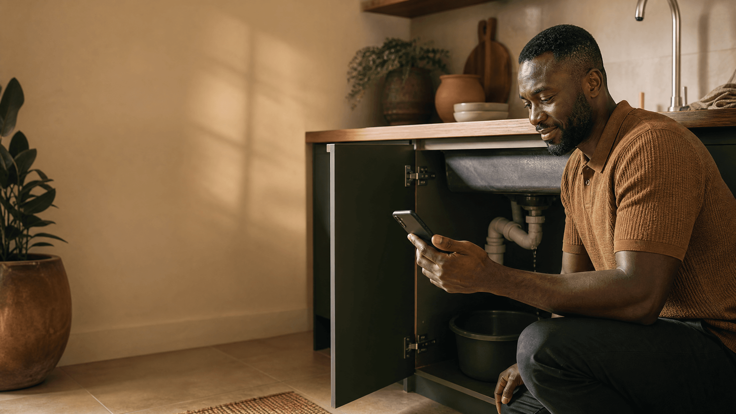 A Lagos homeowner checking a small kitchen leak and looking for the next step